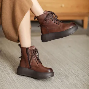 50mm Platform Boots Lace up Leather Martin Boots Handmade Combat Boots in Coffee/Black