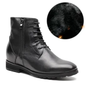 7 CM / 2.76 Inches - CMR CHAMARIPA Height Increasing Boots Black Leather Elevator Boots Warm Fur Lined Winter Boots