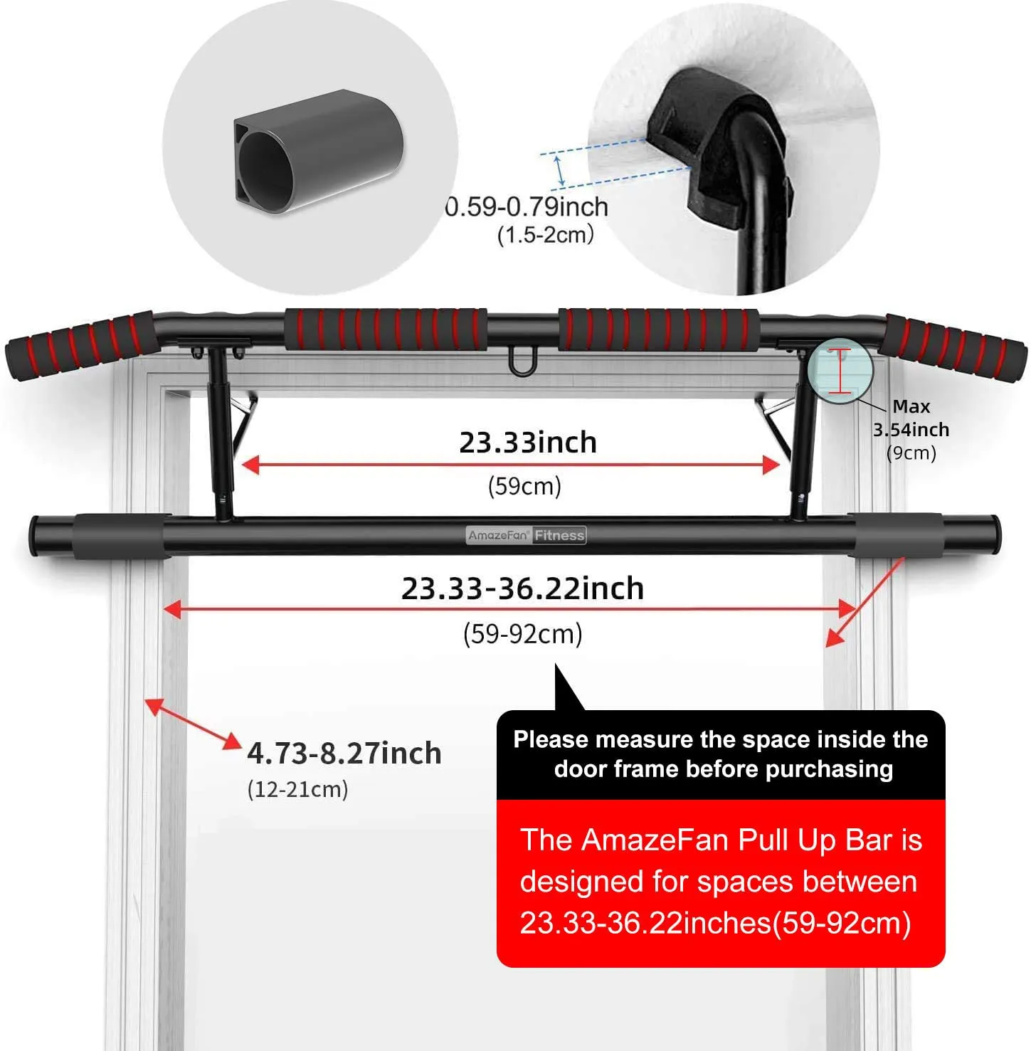 AmazeFan Pull Up Bar Doorway with Ergonomic Grip - Fitness Chin-Up Frame for Home Gym Exercise - 2 Professional Quality Wrist Straps   Workout Guide - No Installation Needed(Fits Almost All Doors)