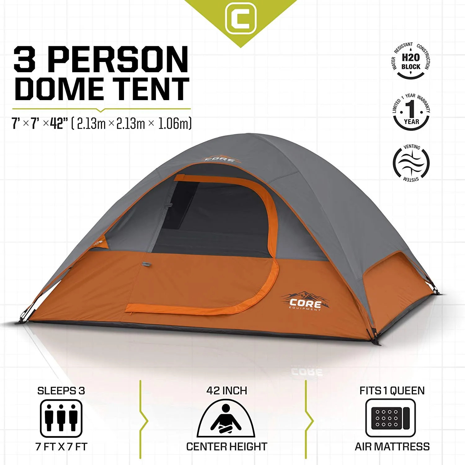 CORE 3 Person Dome Tent 7' x 7'