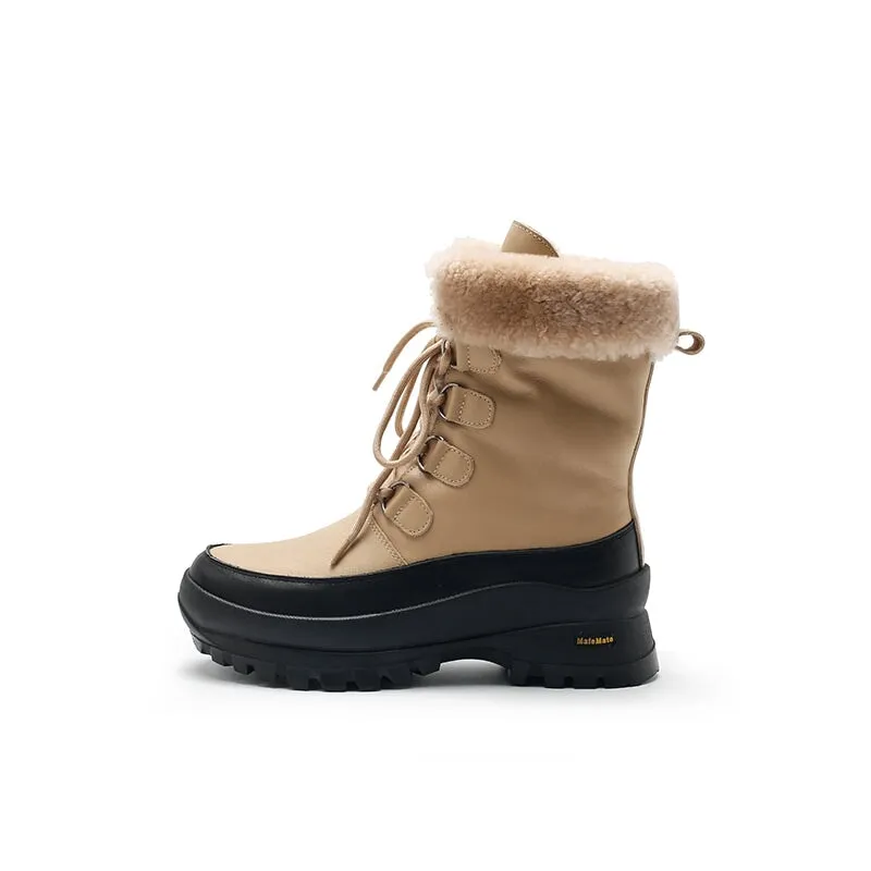 Leather Combat Boots Designer Chunky Boots Have Shearling Lined in Apricot/Beige