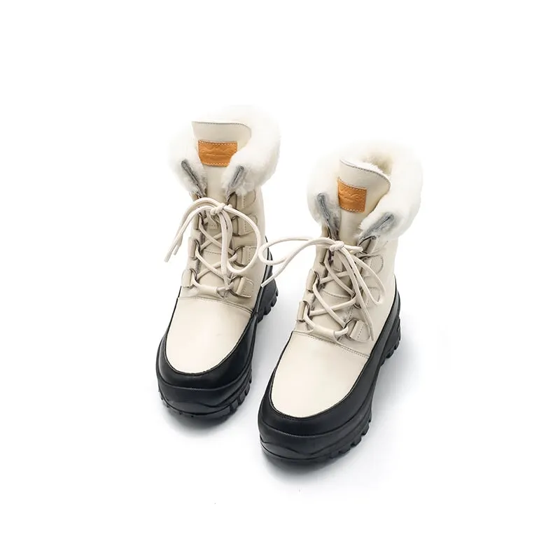 Leather Combat Boots Designer Chunky Boots Have Shearling Lined in Apricot/Beige