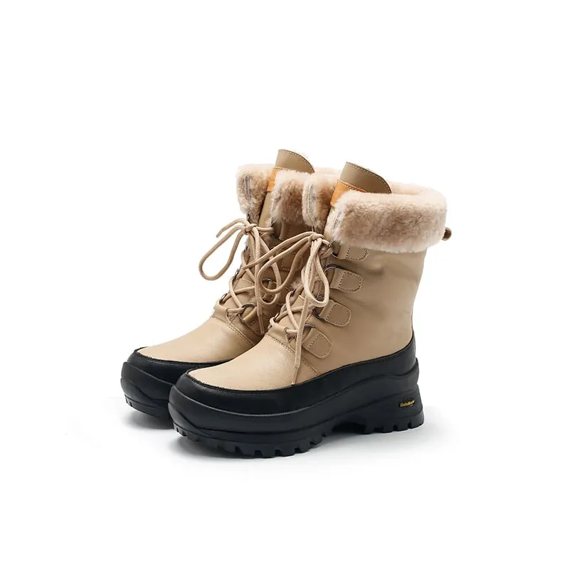 Leather Combat Boots Designer Chunky Boots Have Shearling Lined in Apricot/Beige