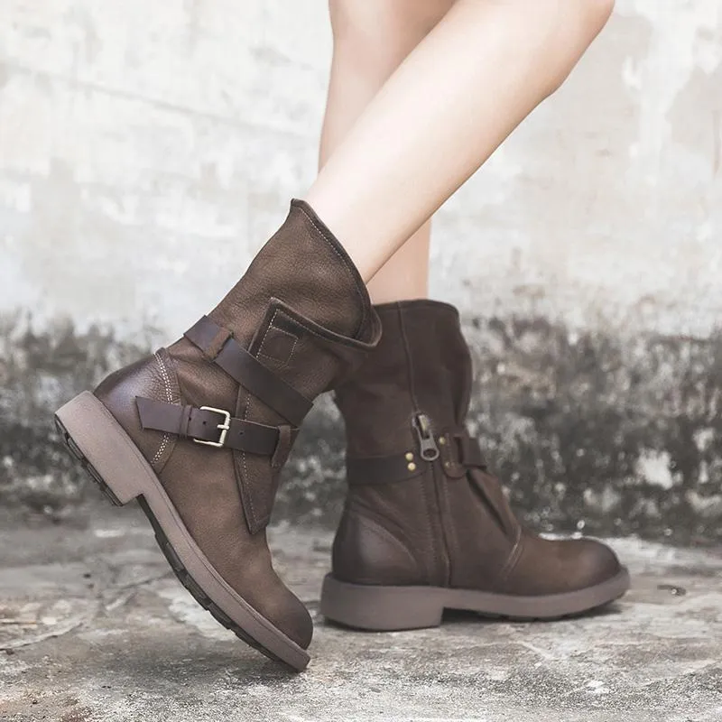 Womens Retro Leather Mid Calf Boots for Winter Buckles Boots in Coffee/Black/Deep Grey